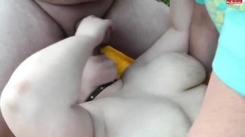 Chubby German Slut Fucks and Sucks three Guys Outdoor